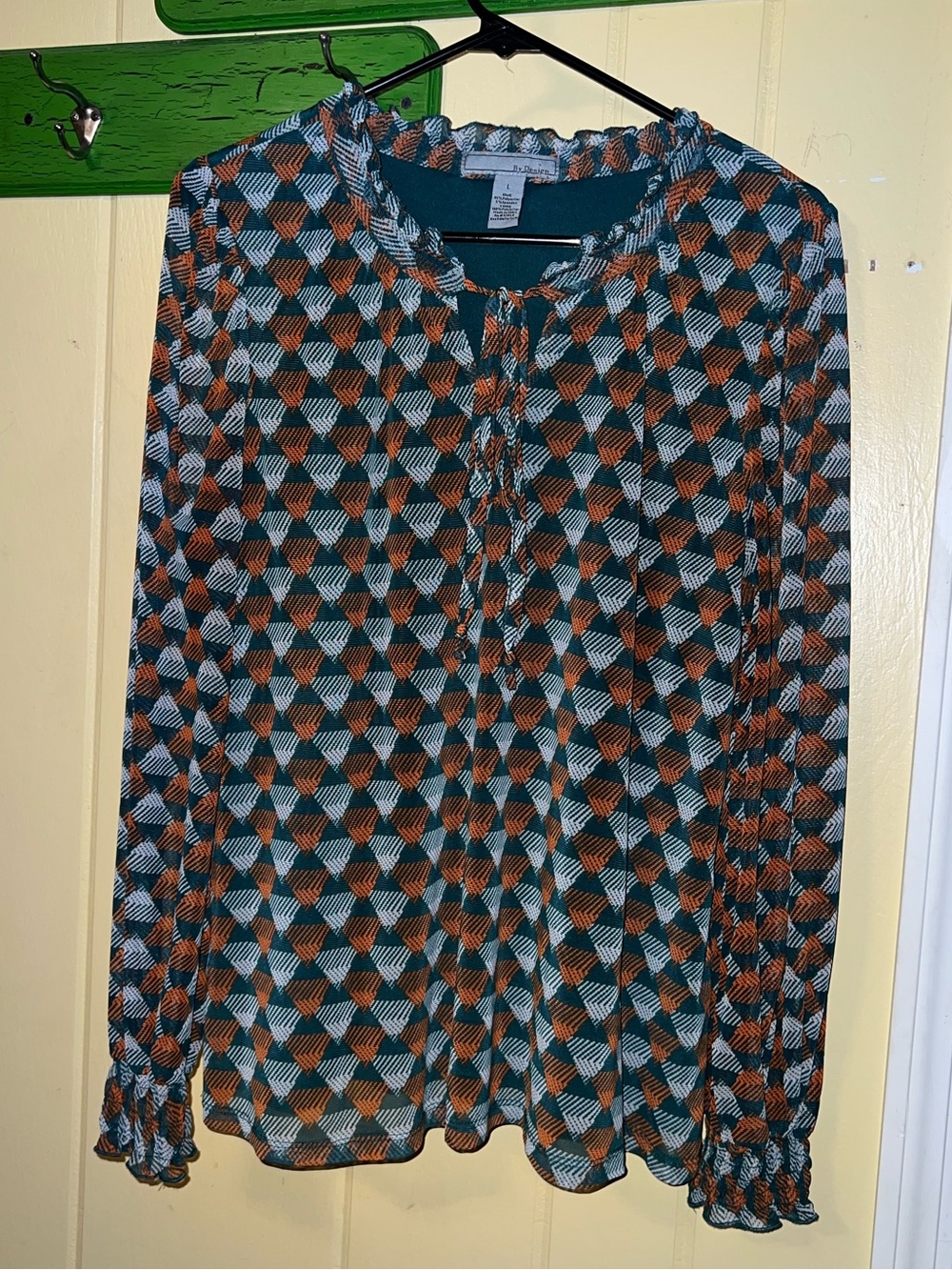 Geometric Teal Retro Blouse 70’s Ruffle Puff Balloon Sleeve Orange Boho Size L - Picture 2 of 12